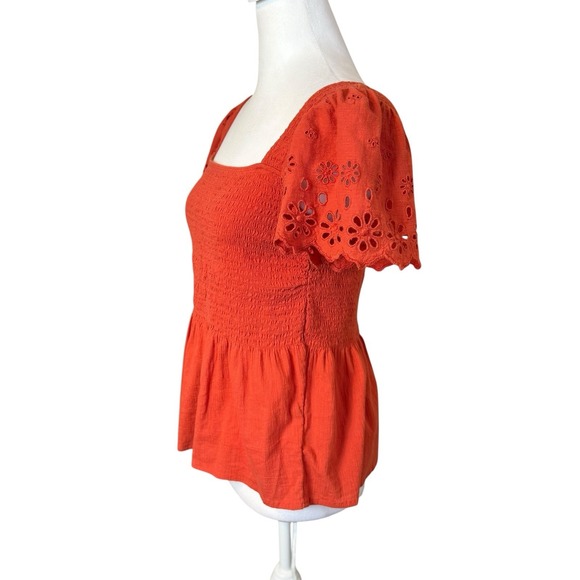Madewell Eyelet Sleeve Lucie Smocked Peplum Blouse XS Fresh Chili Terracotta - Picture 5 of 12
